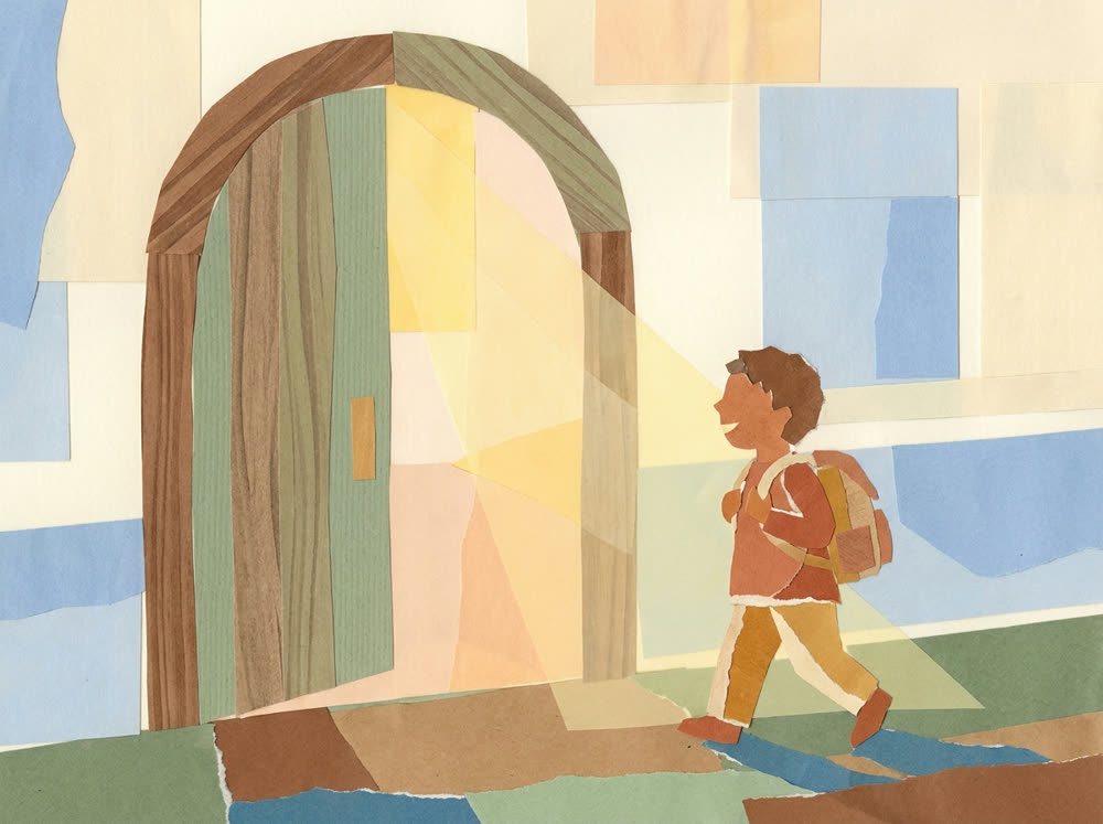 Ilustração: mãe e criança de mochila a chegar à porta da escola de manhã